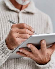 Leinwandbilder - Minimalist Digital Workflow Cozy Tech-Enabled Professional Completing Interactive Certification Survey on Sleek Tablet with Ergonomic Precision