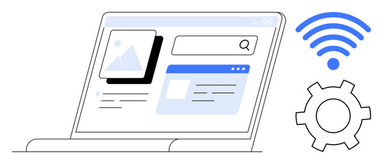 Open laptop displaying website interface with image and content sections, wireless symbol, and gear icon. Ideal for technology, networking, online browsing, website design, digital tools, system