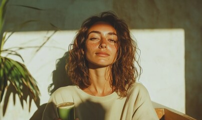Poster - Mindful Moment Golden Hour Wellness Portrait of Relaxed Young Woman in Soft Neutrals - Embodying Millennial Self-Care and Intentional Living Aesthetic