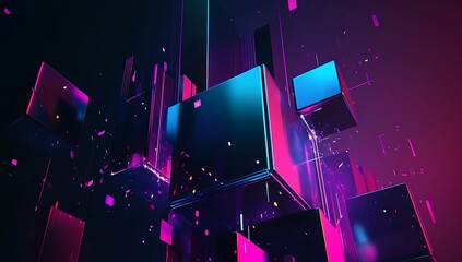Wall Mural - Abstract urban scene, glowing cubes