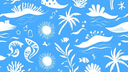tropical ocean seamless pattern; boats, palm trees, fish, coral; website background