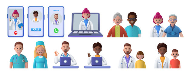 Aufkleber - Doctor and patient icons. 3D people faces. Medic specialists. Health care telemedicine. Online medicine. Smartphone and laptop screen. Family consultation. Vector medical web exams set