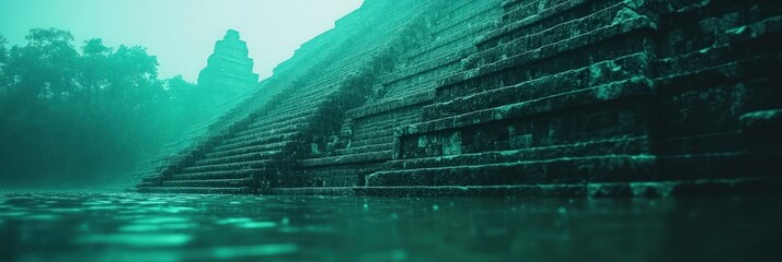 Rainsoaked temple steps lead to misty tower