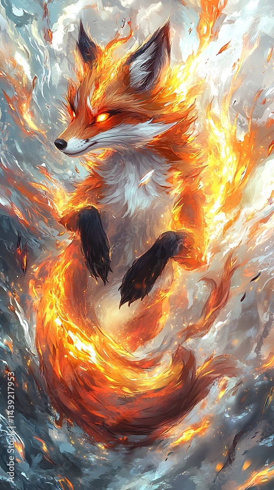 Fox Rising Hand Fiery fox ablaze, rising amidst swirling chaos. A symbol of ...