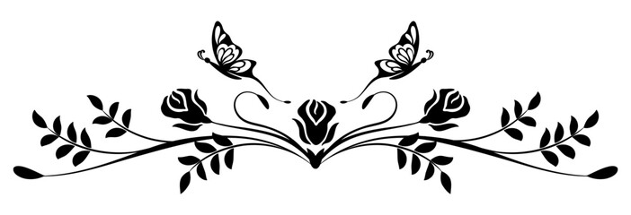 Poster - Wave ornament with roses flowers, leaves and butterflies. Text divider. Decorative element for decor and text greeting or invitation card design.