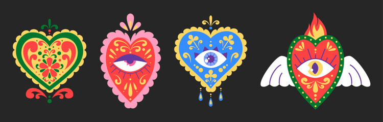 Mexican sacred hearts set with eye symbol - vector design in vivid colors. Red, pink, blue and green ornate love shapes decorated by floral patterns. Spiritual folk art elements for greeting cards.