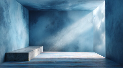 Poster - Minimalist Two-Step Platform in a Dusty Blue Room  Minimalist Stage Backdrop with Cascading Light Effects in Soft Blue and White Hues Elegant  
 
