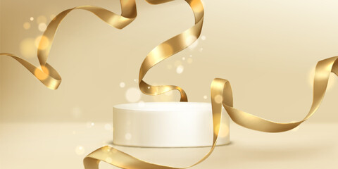 Poster - white round podium and golden ribbons on beige background. vector realistic illustration of empty po