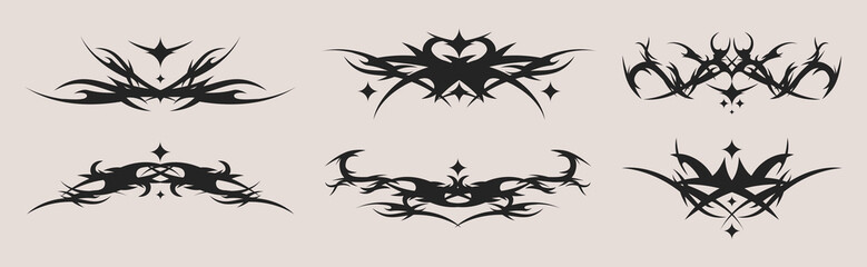 Poster - Neo tribal tattoo set - black symmetric decorative ethnic graphic elements collection. Stylized thorny patterns, swirling pointed shapes, ornamental abstracted designs for body art inspiration.