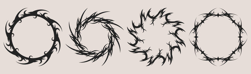 Poster - Tribal tattoo circle frames set - round borders made of swirling sharp thorn vines, black spiked curls forming rings. Vector design elements of gothic patterns, dark abstract decorative circular stamp