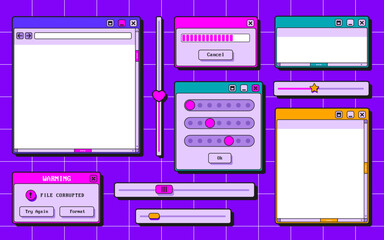 Poster - Retro ui interface elements set - browser windows, error pop up, loading bar, form and buttons. Pink purple 90s style widgets collection on neon grid background for website design, game menu screen.