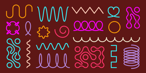 Poster - colorful metaball and spring spiral coil elements set - flexible zigzag waves, wavy random tangled l