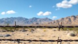 Rusty barbed wire fences a vast desert landscape with mountains and blue sky. Use for concepts of boundaries, property lines, or rural Western themes.