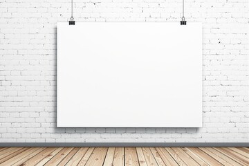 Aufkleber - Blank white poster mockup hanging on white brick wall with wooden floor.