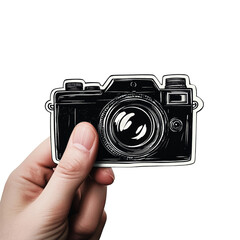 Poster - Hand holding artistic camera sticker, illustrative photography equipment in hand isolated