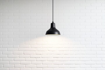 Aufkleber - Black hanging lamp illuminating white brick wall background.