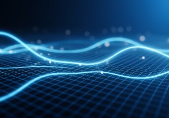 Poster - Abstract blue glowing grid background with wavy lines and light effects
