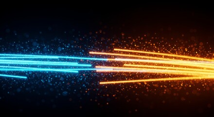 Poster - Abstract energetic collision of blue and orange light streaks on black background