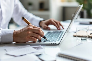 Poster - Business professional working on laptop at modern office desk.
