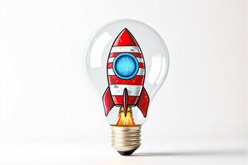 Poster - Creative concept of a rocket launching inside a light bulb.