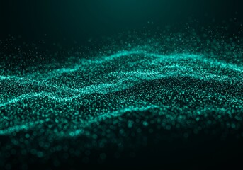 Poster - Abstract teal wave formed by glowing particles on a dark background