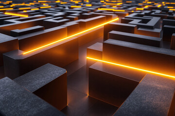 Poster - Futuristic abstract labyrinth with glowing orange light pathways on a dark metallic background.