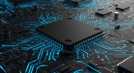 Poster - Advanced technology motherboard with glowing blue circuits design details