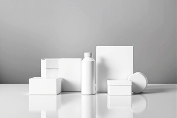 Poster - Minimalist white packaging mockup with blank boxes and bottle on reflective surface. Neutral gray background with soft light enhances concept.
