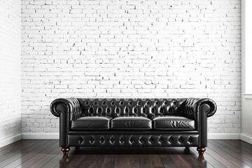 Poster - Luxurious black leather Chesterfield sofa against white brick wall.