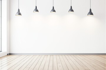 Poster - Empty room with white wall, wooden floor, and hanging industrial lamps.