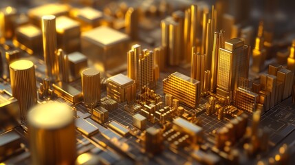 Poster - 3D market strategy and financial planning scene with golden graphs, trading data, and business investment success