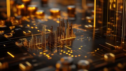 Poster - 3D market strategy and financial planning scene with golden graphs, trading data, and business investment success