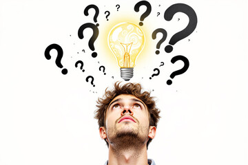 Poster - Man looking up with question marks and a glowing light bulb above his head.