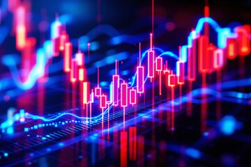 Poster - Financial stock market chart with glowing candlestick graph and data trends in neon colors.