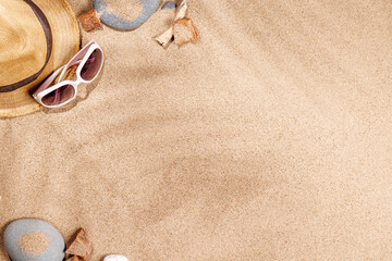 Poster - A tropical summer background featuring soft beach sand with delicate palm leaf shadows and sunhat