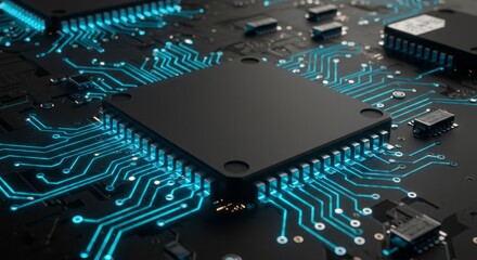 Poster - Modern technology motherboard with glowing circuits and microchips design