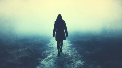 Poster - Person walking along a misty pathway surrounded by dense fog and enigmatic natural atmosphere
