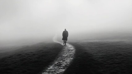 Poster - A solitary figure walking along a misty pathway surrounded by dense fog and trees in the distance