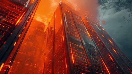 Poster - This striking image showcases a vibrant fluorescent orange server stack in an outdoor urban environment, illuminated against a moody sky.