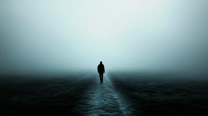 Poster - Person walking through dense fog on a mysterious path surrounded by nature's ethereal embrace