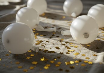 Poster - White balloons and golden star confetti scattered on a beige fabric