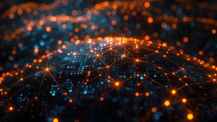 Poster - This abstract digital illustration showcases a global supply chain network, featuring vibrant orange and blue lights. Ideal for technology and logistics themes.
