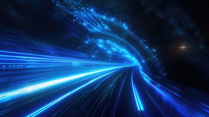 Poster - Vivid blue light beams projected in a dark environment create an abstract and futuristic visual experience, perfect for digital art or technology themes.