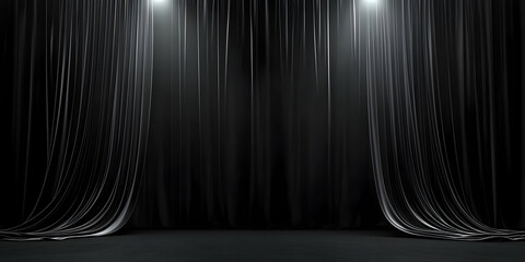 Poster - A dramatic stage scene with black curtains illuminated by soft spotlights, creating an atmosphere of anticipation and artistic expression.