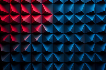Poster - A captivating geometric pattern featuring a blend of deep blue and vibrant red tones, showcasing a 3D effect through its textured triangular design.