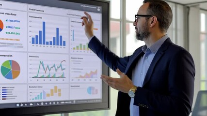 Poster - Business presentation: professional discusses data insights on interactive display