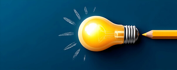 Wall Mural - a conceptual illustration depicting a light bulb shining brightly next to a yellow pencil on a blue 