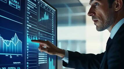 Poster - Businessman analyzing financial data on digital touchscreen display in modern office environment