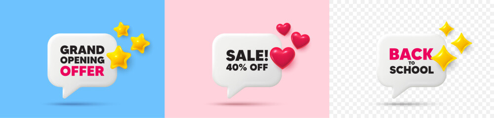 Poster - sale chat speech bubble. 3d stars, sparkles, hearts chat bubbles. sale 40 percent off discount. prom