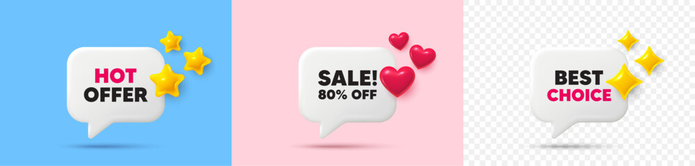 Poster - sale chat speech bubble. 3d stars, sparkles, hearts chat bubbles. sale 80 percent off discount. prom